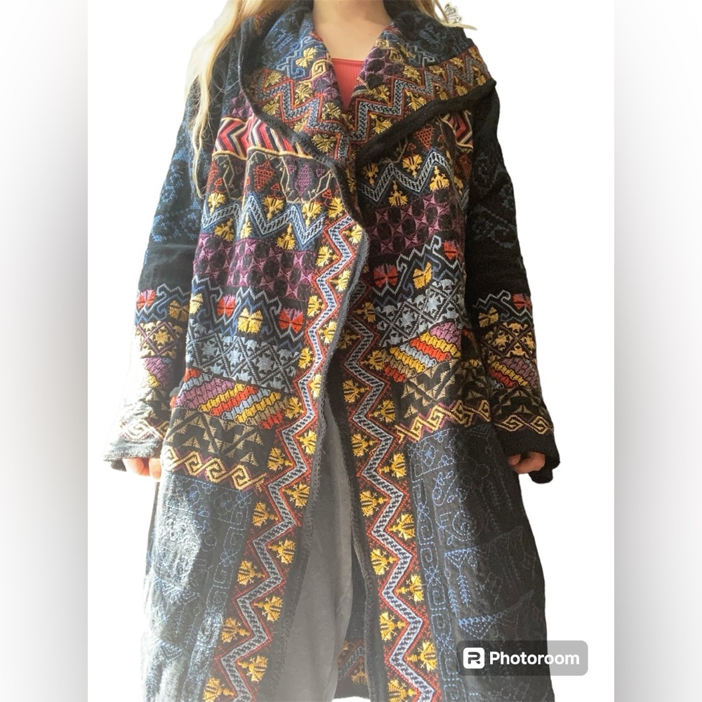 Johnny Was Embroidered Biya Hooded Jacket Coat Kimono Wrap